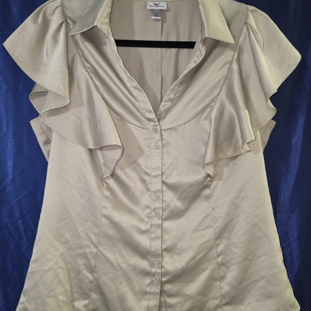 Worthington Light Cream Ruffle-Sleeve Button Front Blouse